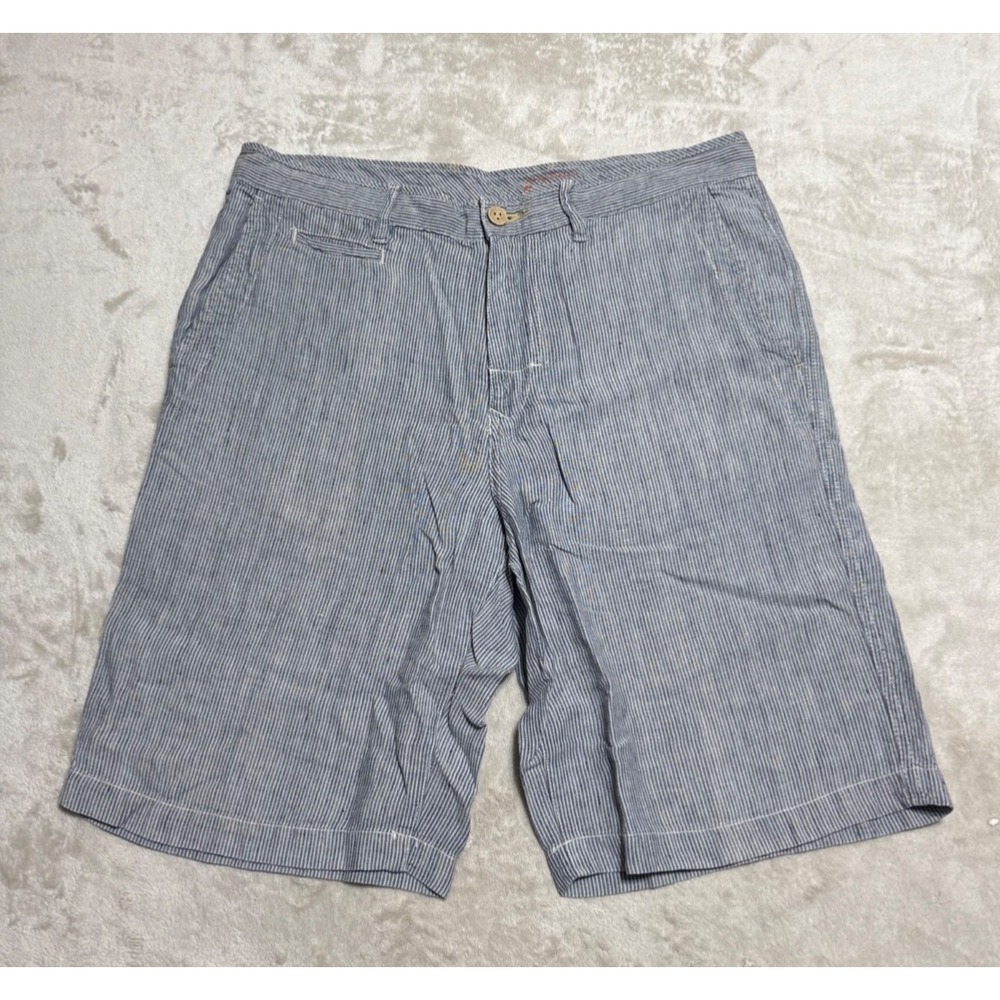 Tommy Bahama Relax Linen Shorts Mens Size 33 Blue White Hickory Stripe Beach 11"